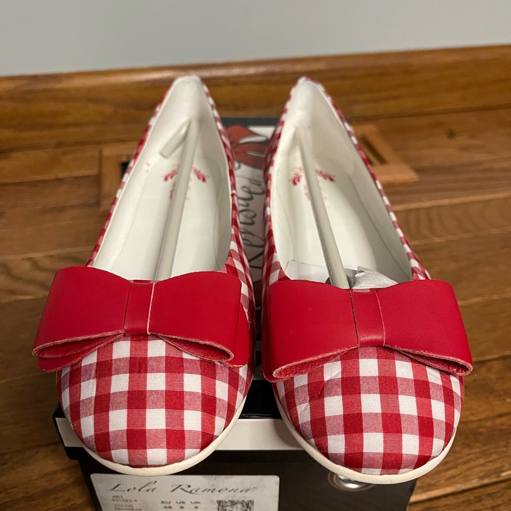 Lola Ramona Red Gingham Bow Flats - Women's Casual Ballet Shoes